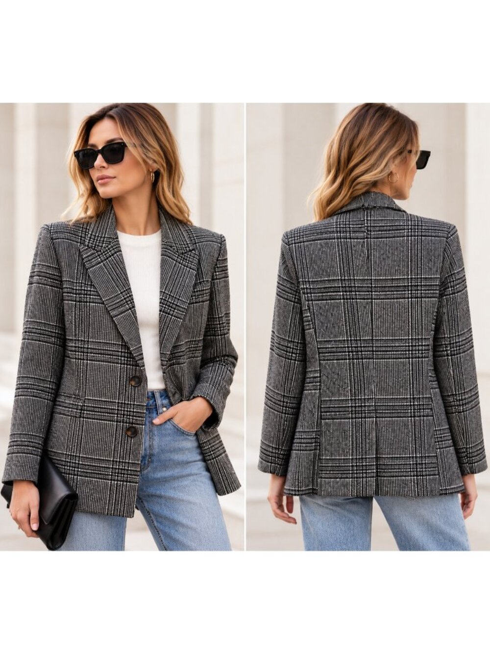 Something Navy 100% Wool Glen Plaid Blazer Gray Made in Italy XS